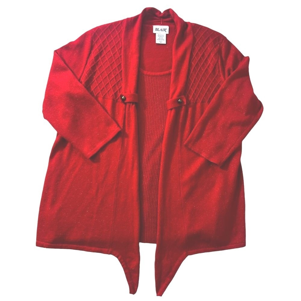Blair‎ Red Metallic Open Front Cardigan Sweater Quilted Shoulder Large Christmas